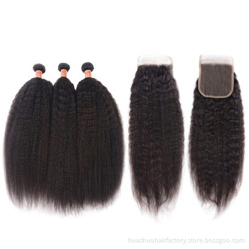 Huashuo Highest Discounts Brazilian Kinky Straight Hair Bundles With Closure100% YAki Virgin Human Hair Extensions Lace Closure